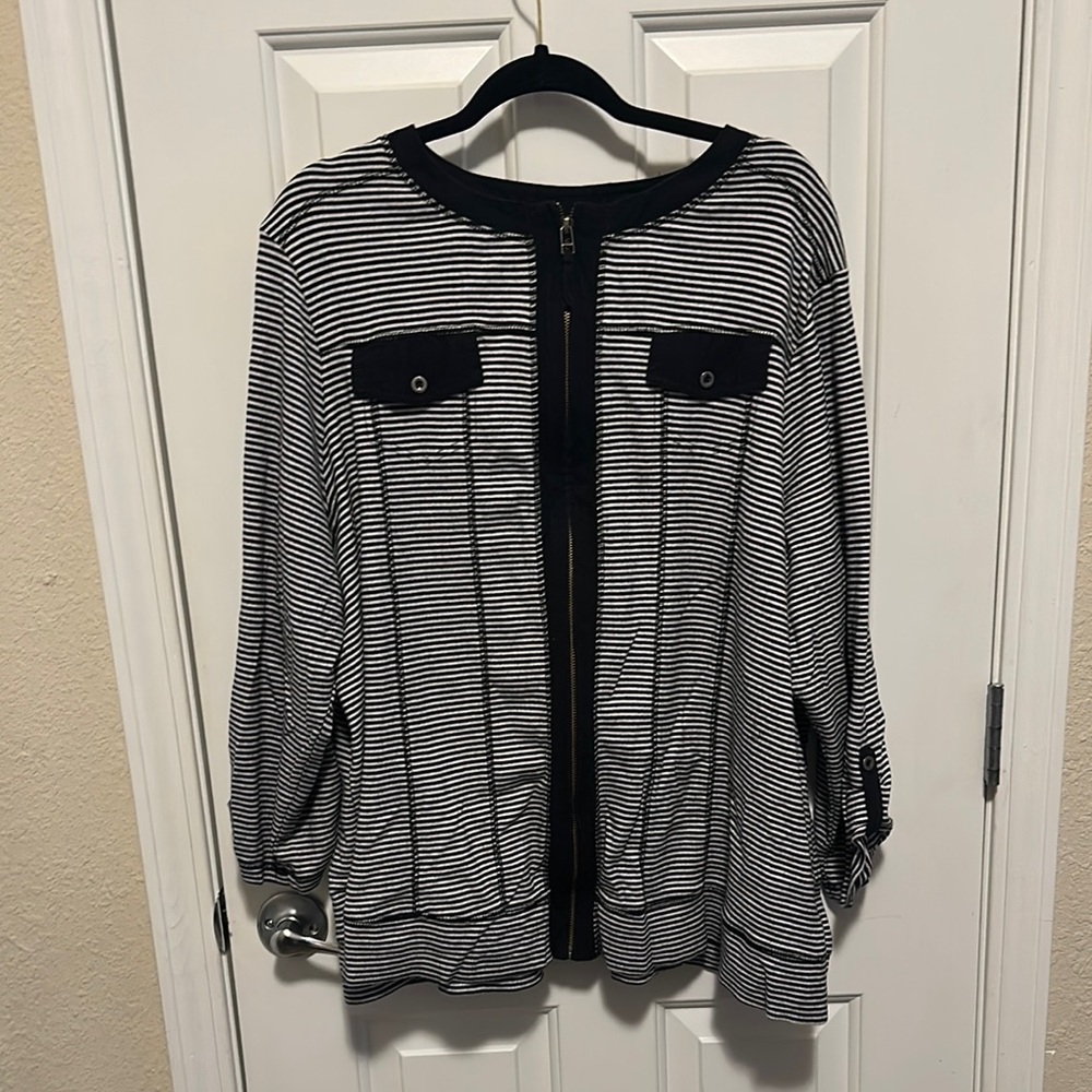 CJ Banks Black and White Striped Casual Jacket